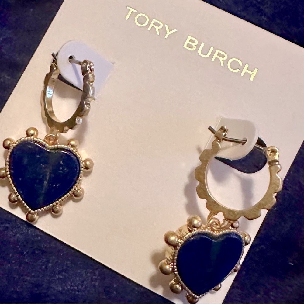 NEW AUTH New Tory Burch Gold Heart Blue Stone Drop Earrings with Tory Burch Card